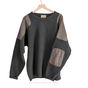 Cabelas Wool Sweater Mens XLT Green Heavy Rib Chunky Patches Pullover Outdoor